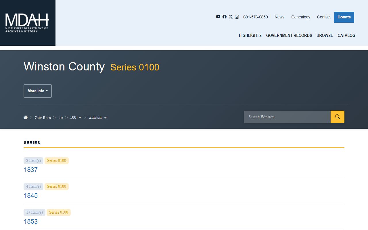 MDAH Winston County government records catalog for court records research