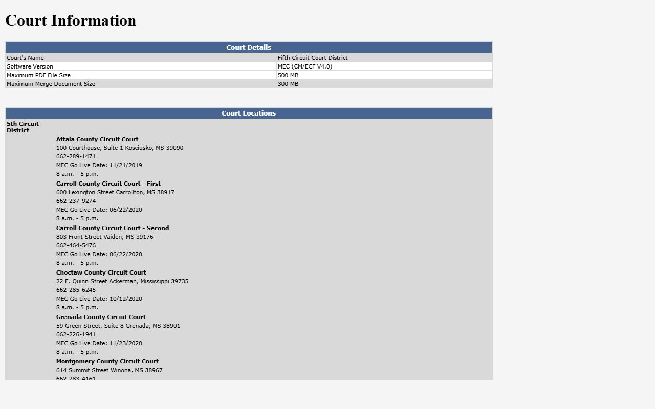 Fifth Circuit MEC court information for Winston County court dockets