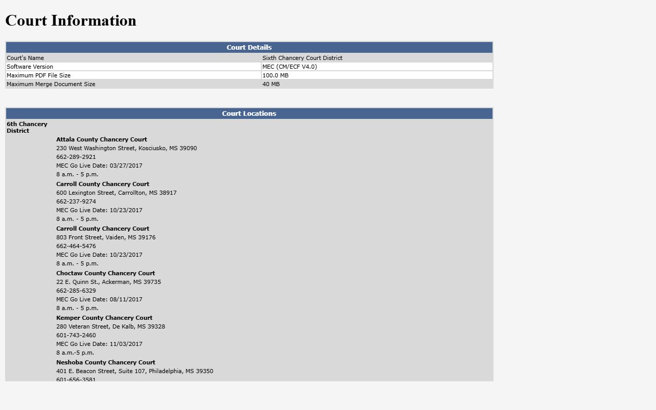 Sixth Chancery MEC court information for Winston County court dockets