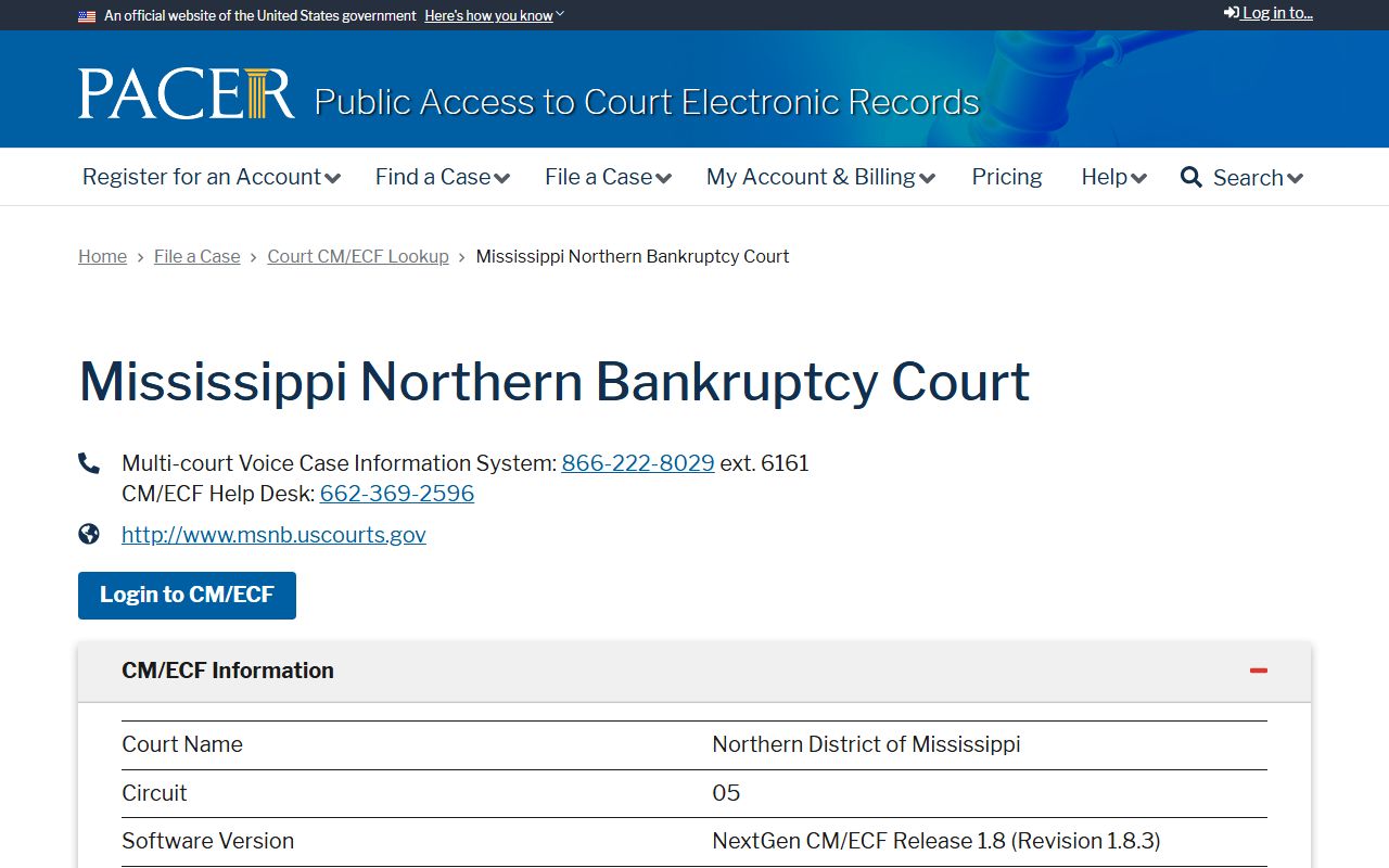 PACER court lookup for Northern Mississippi Bankruptcy serving Winston County