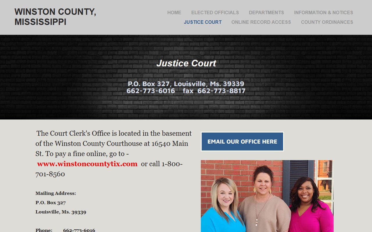 Winston County Justice Court page with filing fees and court records
