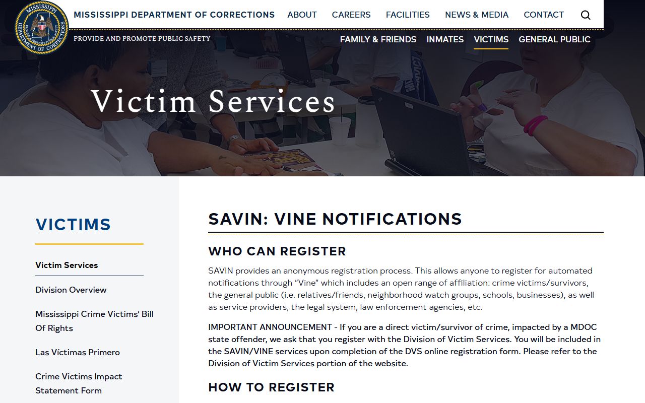 MDOC SAVIN and VINE notification information for Winston County inmate alerts