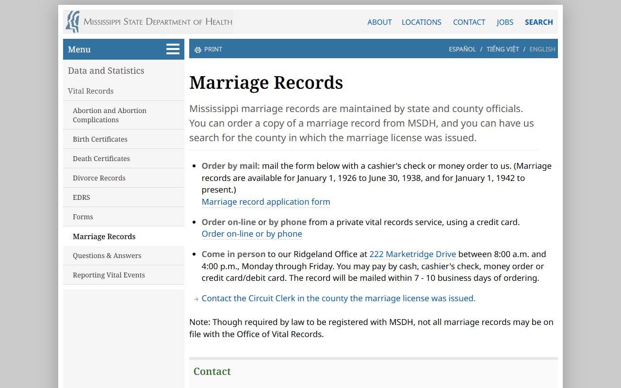 Winston County marriage records lookup on the MSDH marriage records page