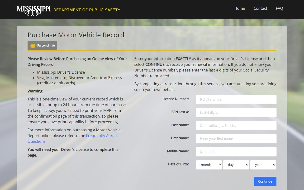 Winston County traffic court records and Mississippi DPS Motor Vehicle Record purchase form