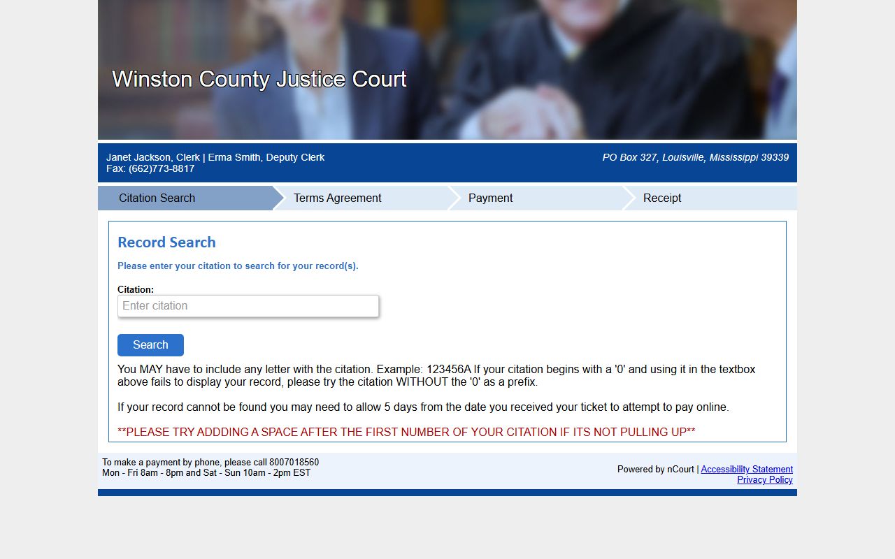 Winston County ticket payment redirect to the Justice Court warrant and citation portal
